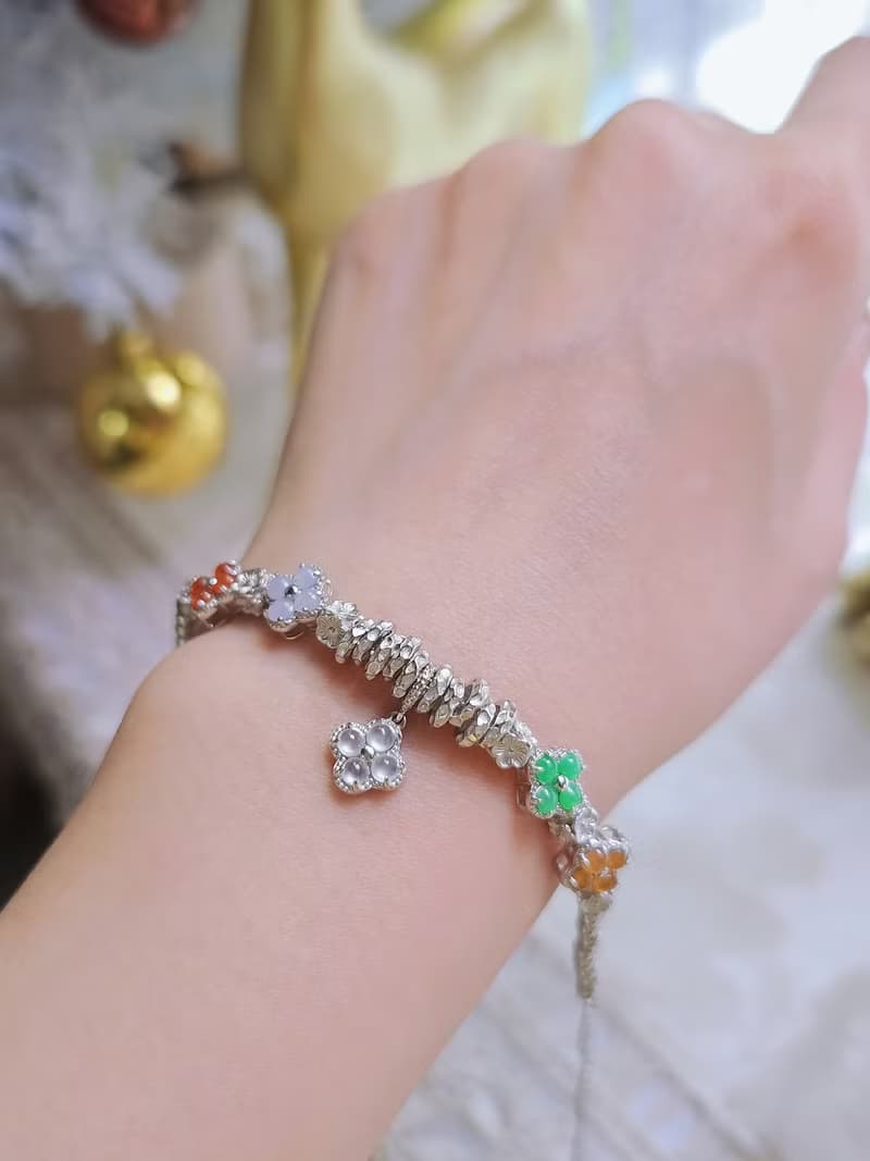 |轉好運•補五行|夢幻馬卡龍彩虹多寶盤纏|緬甸A貨翡翠純銀手鏈