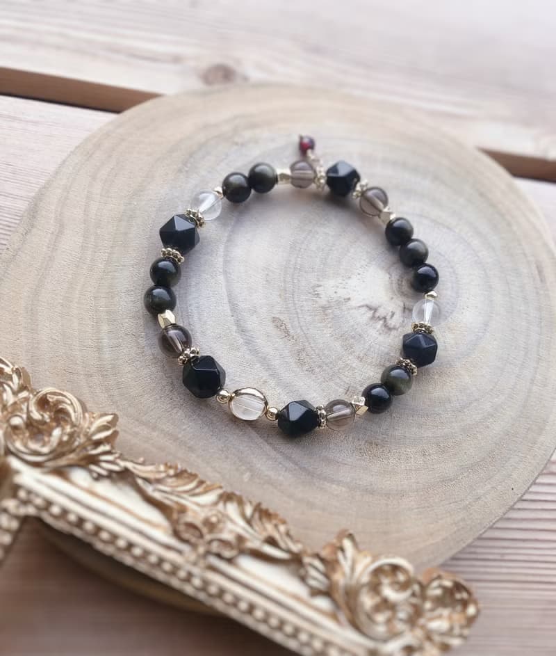 黑曜石、金曜石、茶晶、白水晶 淨化避邪手鍊/女款