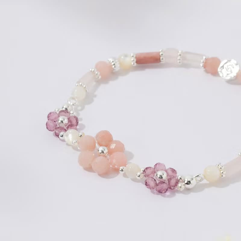 花語時光 | 粉歐珀 紫尖晶 貝珠 紅木紋 粉水晶 | 編織水晶手鍊