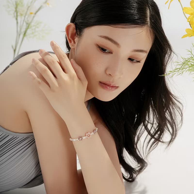 花語時光 | 粉歐珀 紫尖晶 貝珠 紅木紋 粉水晶 | 編織水晶手鍊