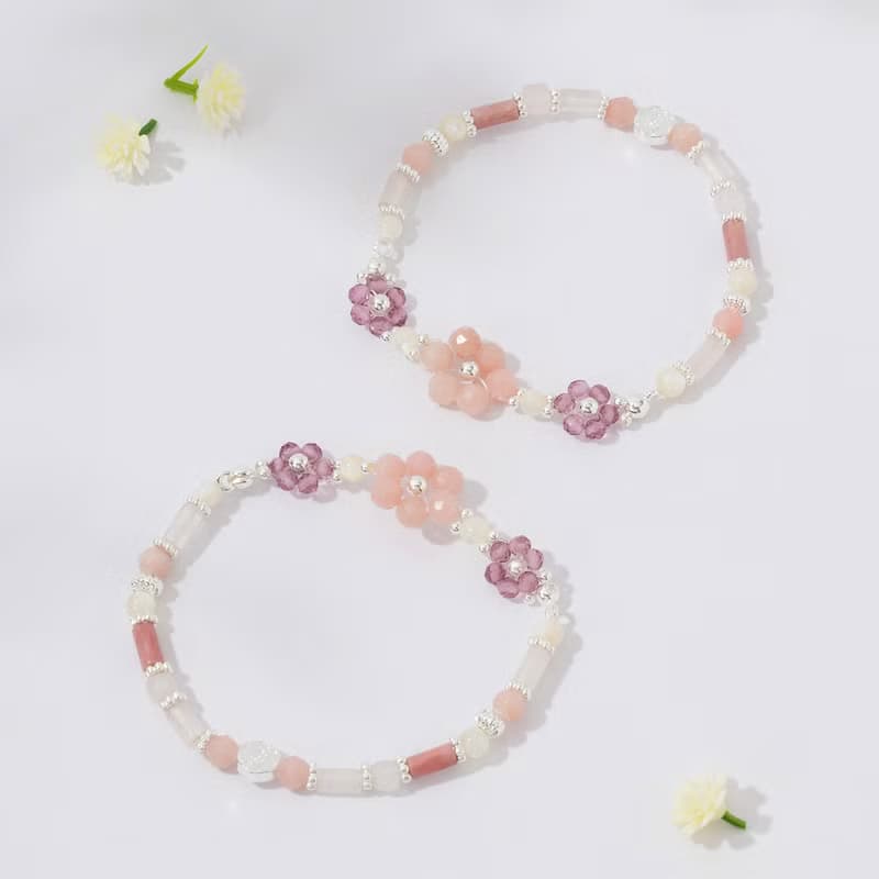 花語時光 | 粉歐珀 紫尖晶 貝珠 紅木紋 粉水晶 | 編織水晶手鍊