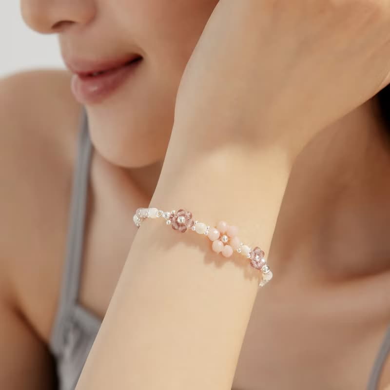 花語時光 | 粉歐珀 紫尖晶 貝珠 紅木紋 粉水晶 | 編織水晶手鍊