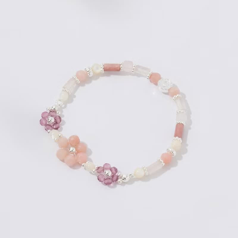花語時光 | 粉歐珀 紫尖晶 貝珠 紅木紋 粉水晶 | 編織水晶手鍊