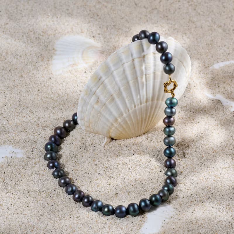 天然黑孔雀色淡水珍珠項鍊 8–9mm 金色航海扣 神秘奢華 情人節禮