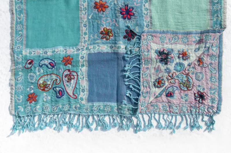 喀什米爾Cashmere刺繡羊毛披肩 針織圍巾 刺繡圍巾 克什米爾-花朵