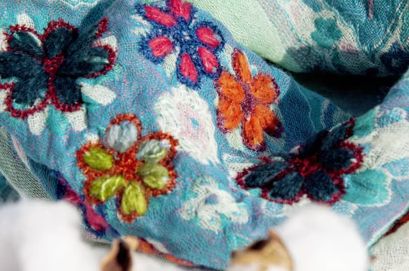 喀什米爾Cashmere刺繡羊毛披肩 針織圍巾 刺繡圍巾 克什米爾-花朵