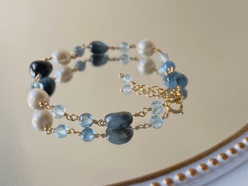 苔蘚海藍寶 海藍寶 淡水珍珠 || 14KGF注金 手工製 日系手鍊