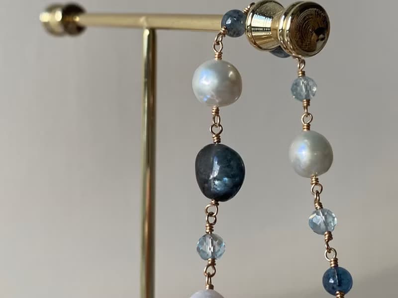 苔蘚海藍寶 海藍寶 淡水珍珠 || 14KGF注金 手工製 日系手鍊