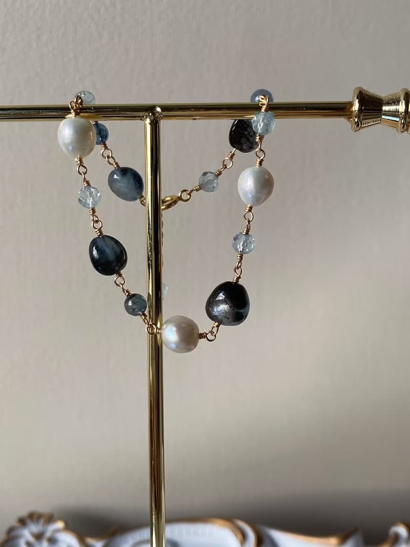 苔蘚海藍寶 海藍寶 淡水珍珠 || 14KGF注金 手工製 日系手鍊