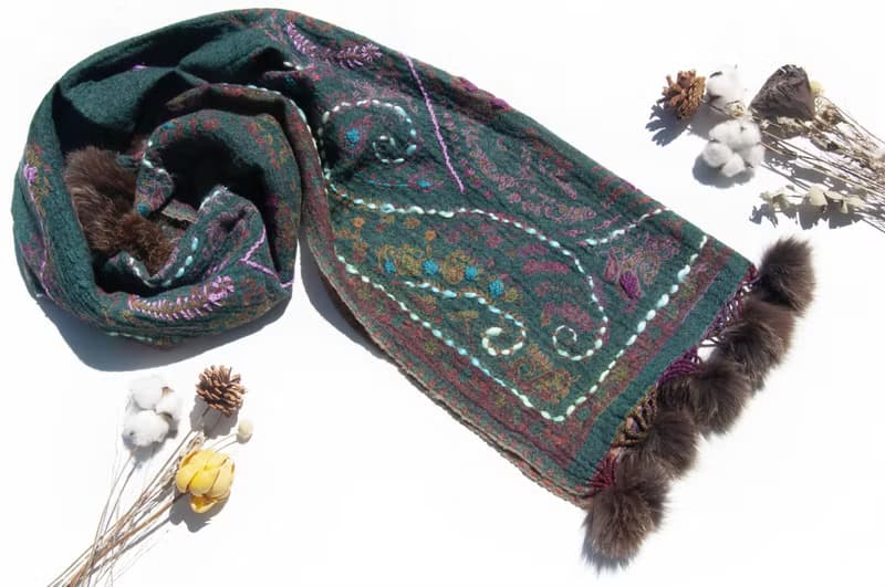 喀什米爾Cashmere/水煮羊毛披肩/針織圍巾/刺繡圍巾/羊絨披巾-花