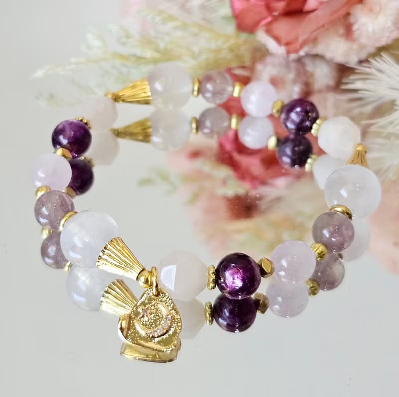 我無條件愛自己-黃銅款/紫鋰輝/紫鋰雲母/月光石/紫兔毛水晶手鍊