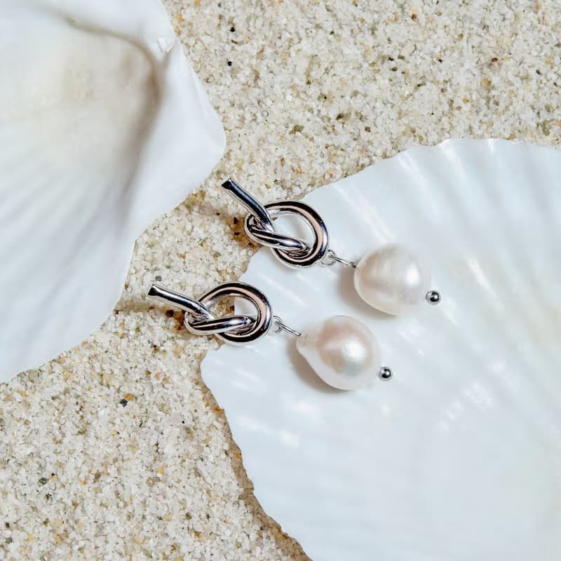 天然白色巴洛克珍珠銀色繩結耳環 8–9mm 珍珠耳環 聖誕節禮物