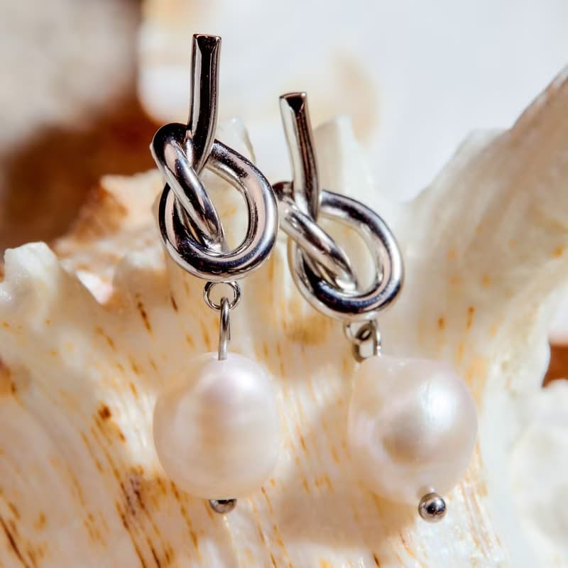 天然白色巴洛克珍珠銀色繩結耳環 8–9mm 珍珠耳環 聖誕節禮物