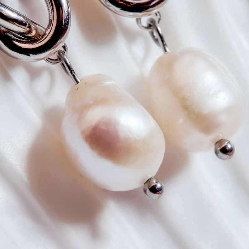 天然白色巴洛克珍珠銀色繩結耳環 8–9mm 珍珠耳環 聖誕節禮物