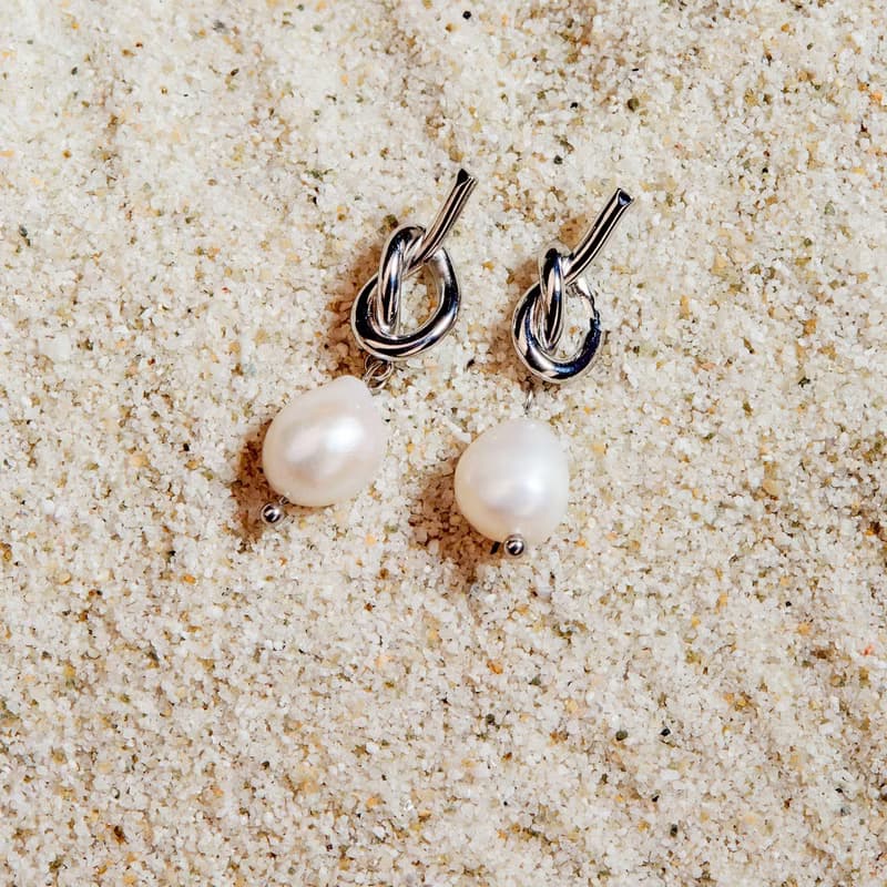 天然白色巴洛克珍珠銀色繩結耳環 8–9mm 珍珠耳環 聖誕節禮物