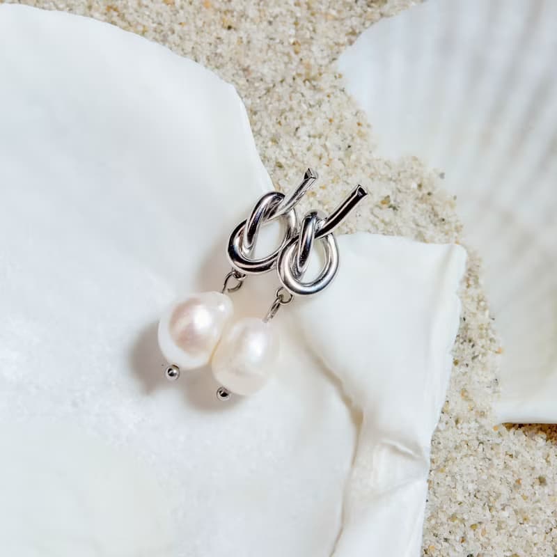 天然白色巴洛克珍珠銀色繩結耳環 8–9mm 珍珠耳環 聖誕節禮物