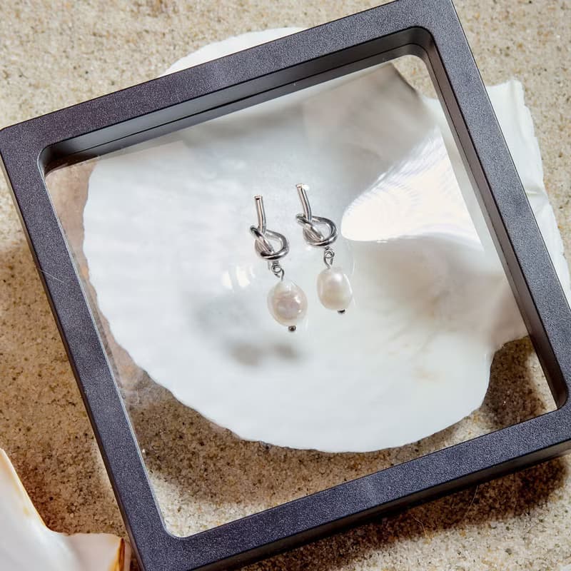 天然白色巴洛克珍珠銀色繩結耳環 8–9mm 珍珠耳環 聖誕節禮物