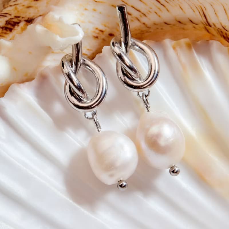天然白色巴洛克珍珠銀色繩結耳環 8–9mm 珍珠耳環 聖誕節禮物