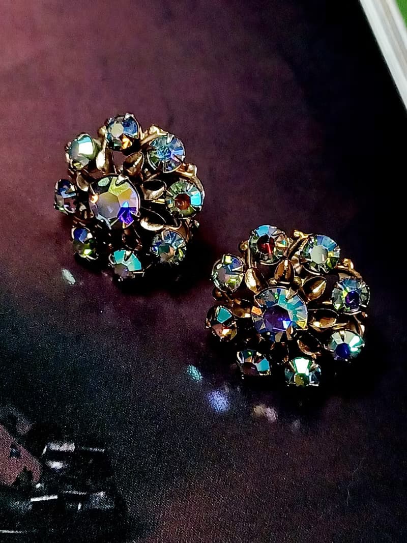 vintage jewelry 璀璨疊綴極光萊茵 夾式耳環