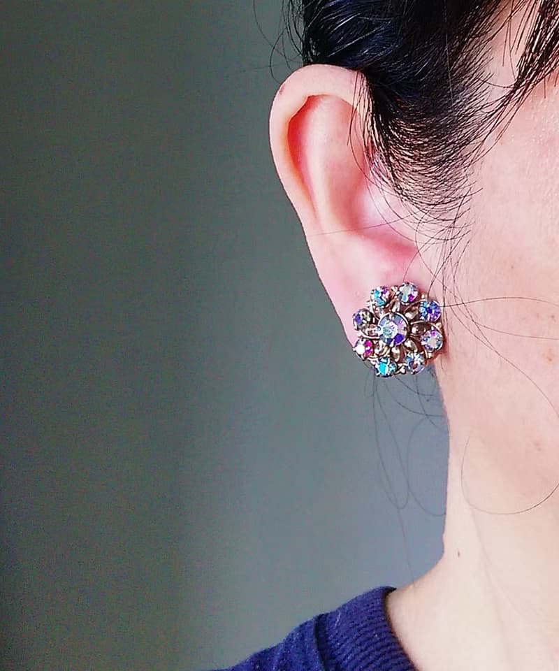 vintage jewelry 璀璨疊綴極光萊茵 夾式耳環