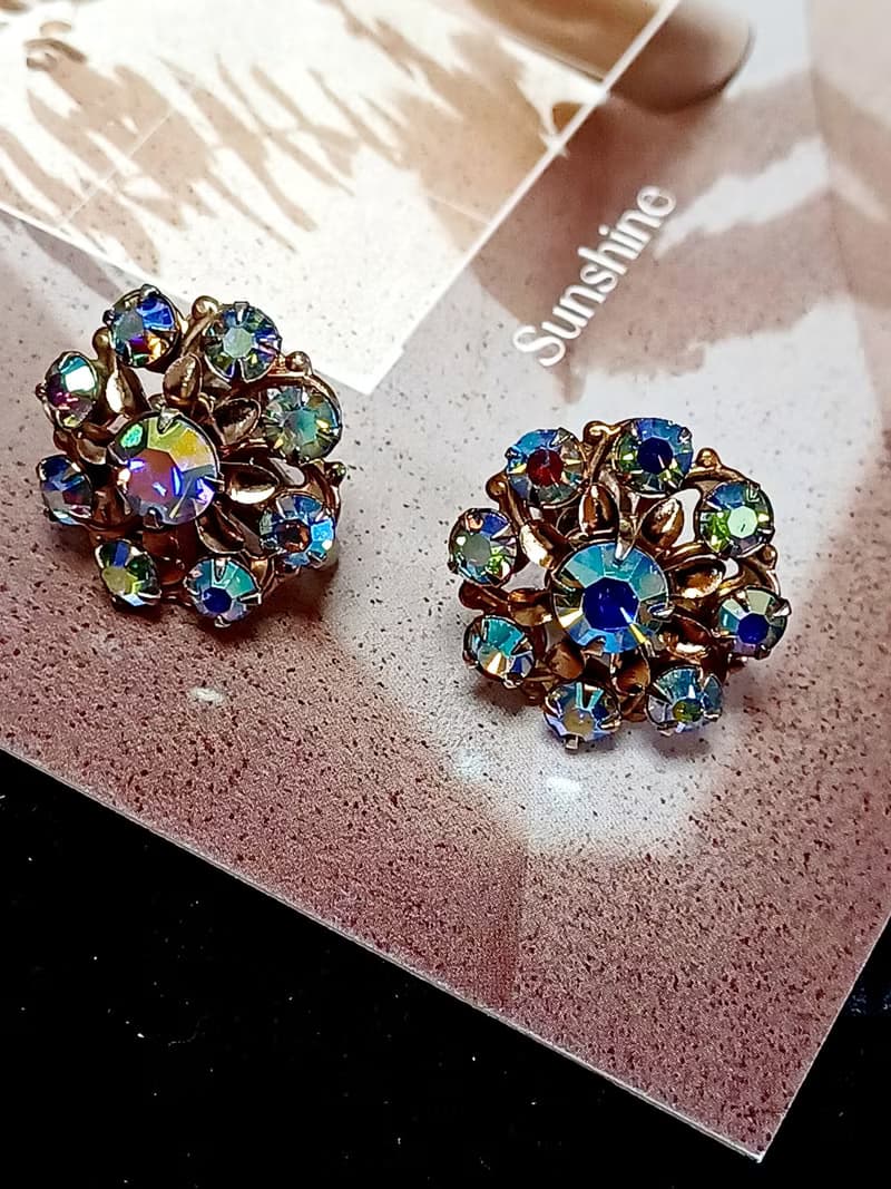 vintage jewelry 璀璨疊綴極光萊茵 夾式耳環