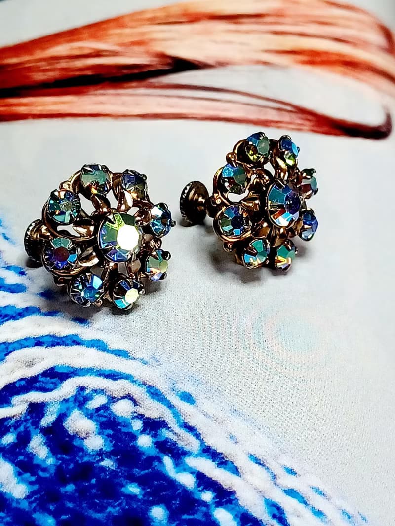 vintage jewelry 璀璨疊綴極光萊茵 夾式耳環