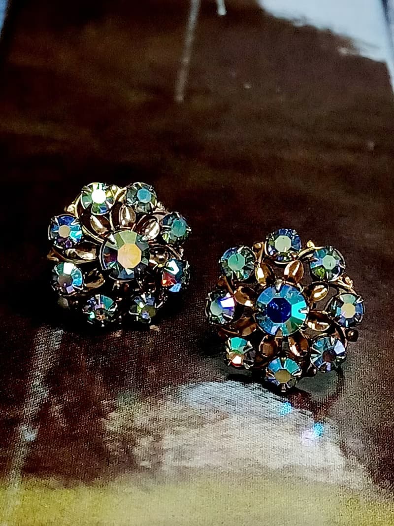 vintage jewelry 璀璨疊綴極光萊茵 夾式耳環