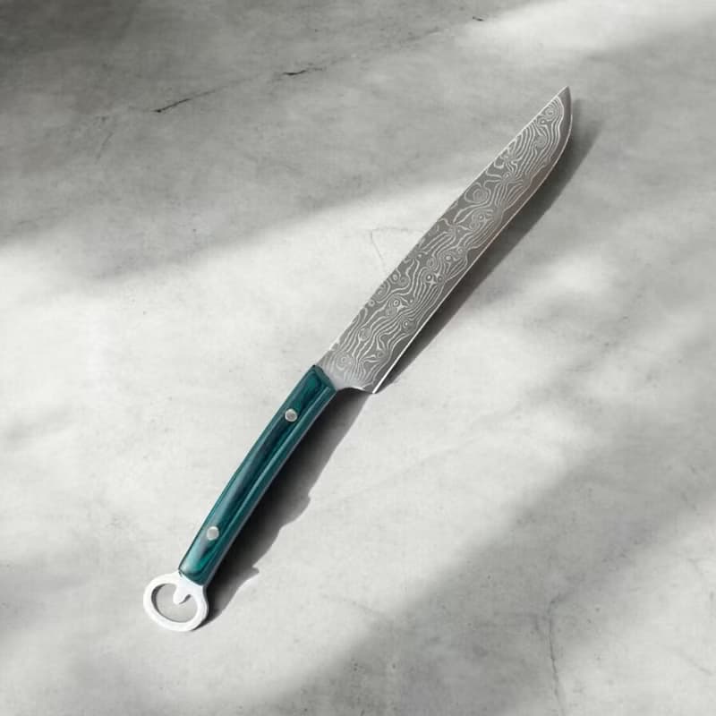 La France 法緹款綠彩木柄鍛打大馬士革鋼切肉刀水果刀戶外露營刀