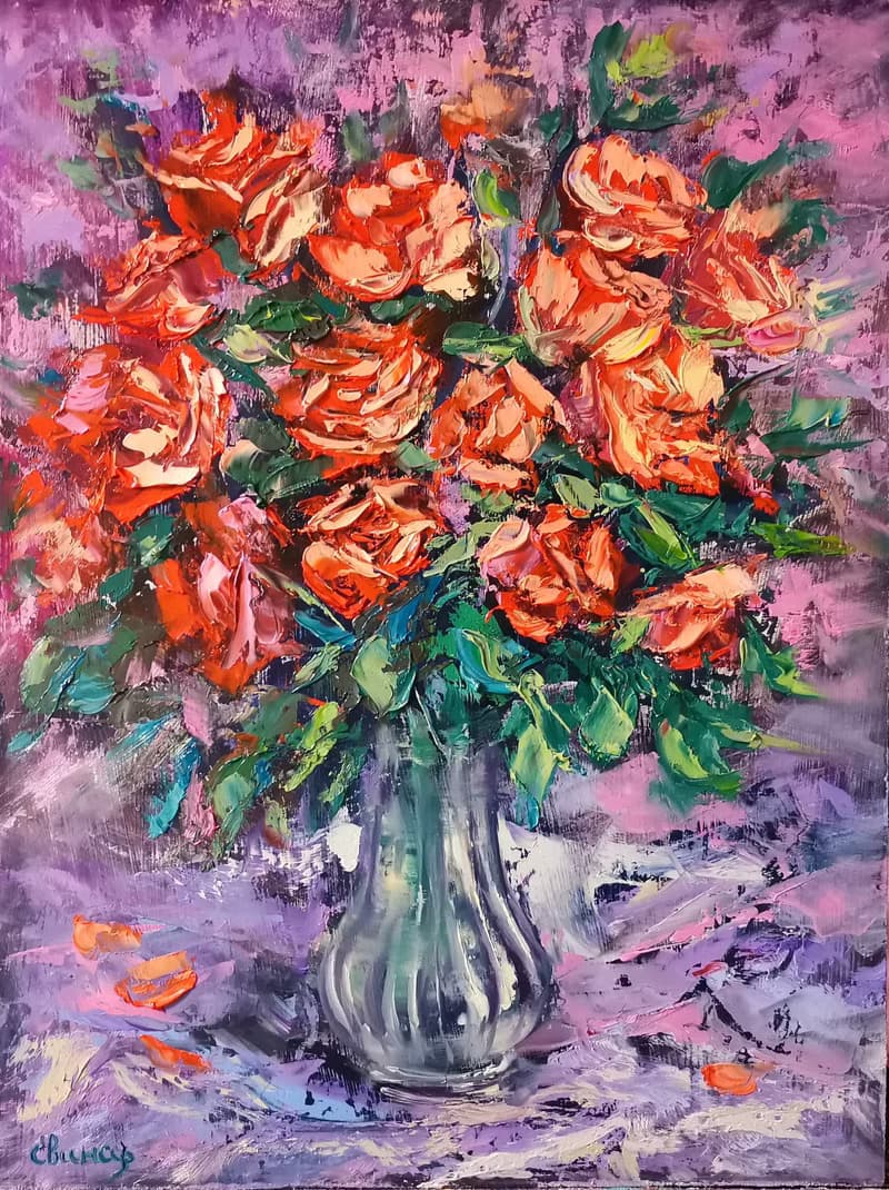 Red Roses Flower Bouquet Oil Painting Impasto Original Artist Svinar Oksana