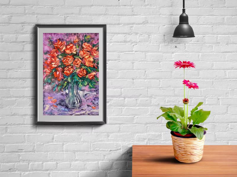 Red Roses Flower Bouquet Oil Painting Impasto Original Artist Svinar Oksana