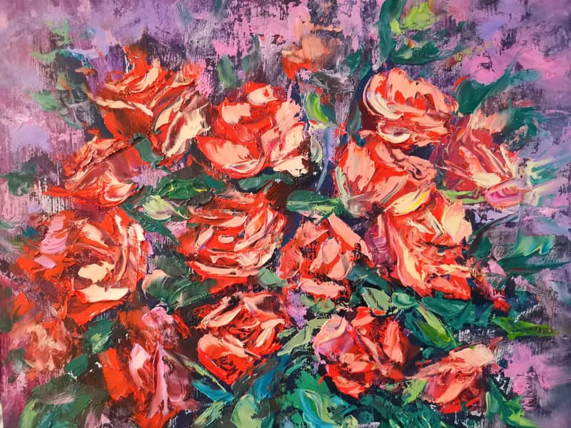 Red Roses Flower Bouquet Oil Painting Impasto Original Artist Svinar Oksana