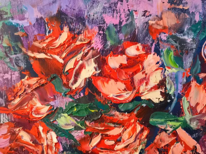Red Roses Flower Bouquet Oil Painting Impasto Original Artist Svinar Oksana