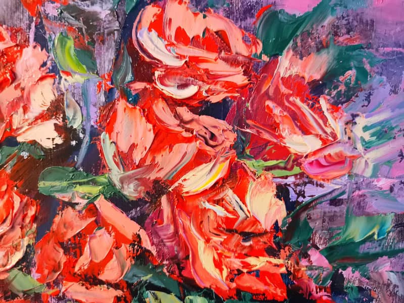 Red Roses Flower Bouquet Oil Painting Impasto Original Artist Svinar Oksana