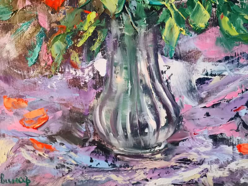 Red Roses Flower Bouquet Oil Painting Impasto Original Artist Svinar Oksana