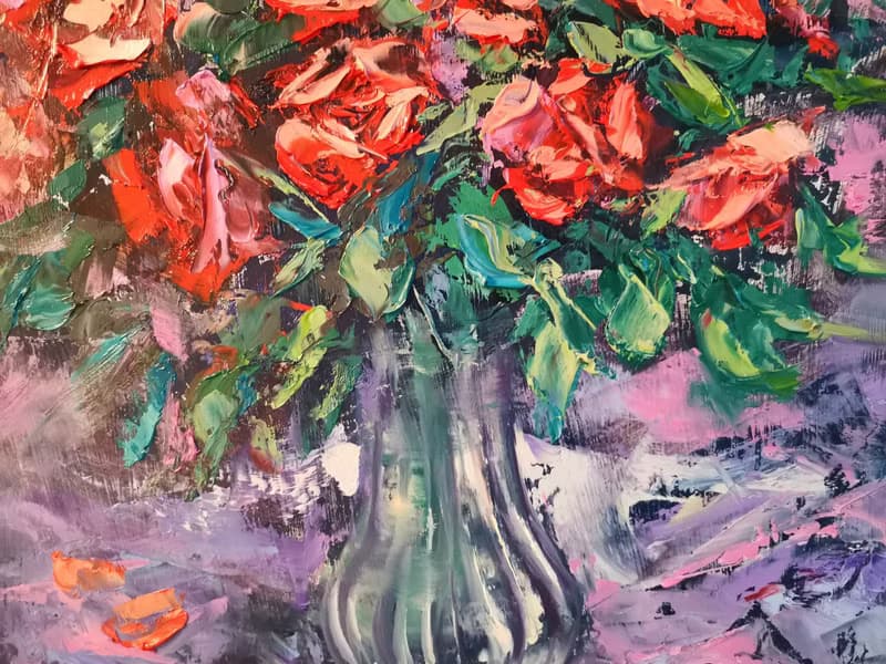 Red Roses Flower Bouquet Oil Painting Impasto Original Artist Svinar Oksana