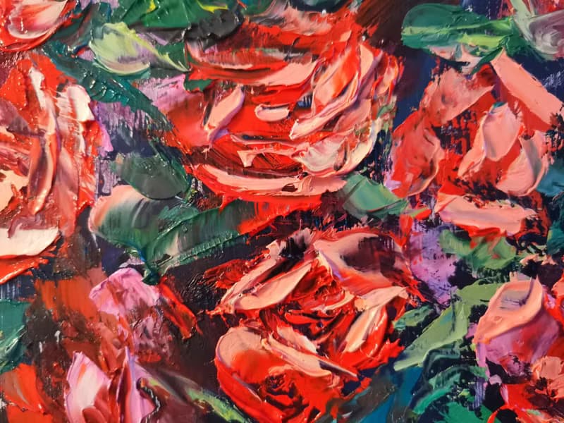 Red Roses Flower Bouquet Oil Painting Impasto Original Artist Svinar Oksana
