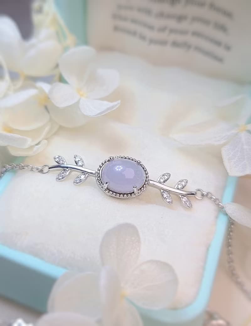 貴人運•桃花開|冰膠淡紫|緬甸A貨翡翠純銀桂冠葉手鍊