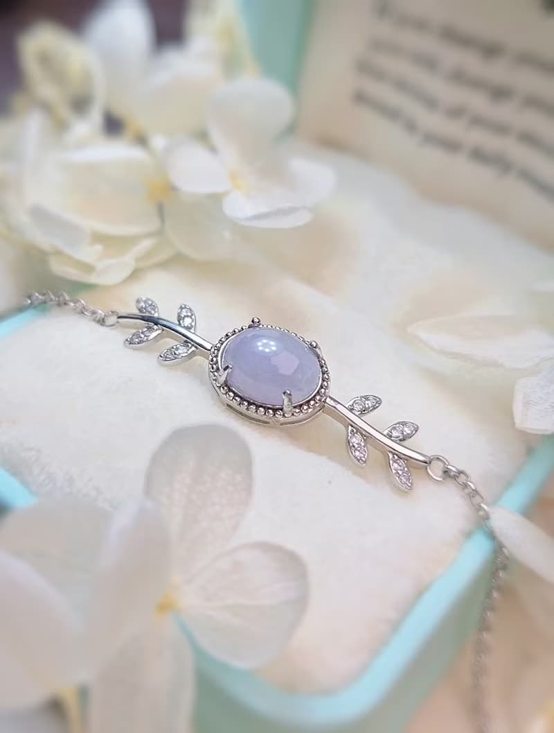 貴人運•桃花開|冰膠淡紫|緬甸A貨翡翠純銀桂冠葉手鍊