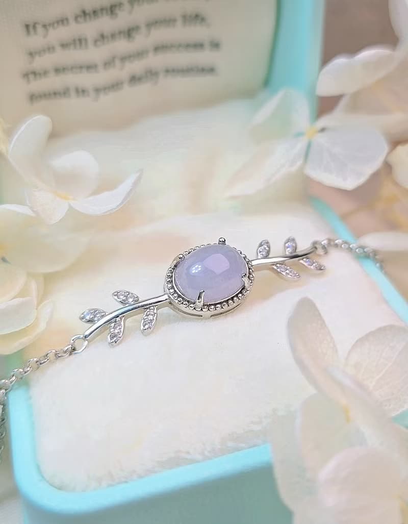 貴人運•桃花開|冰膠淡紫|緬甸A貨翡翠純銀桂冠葉手鍊