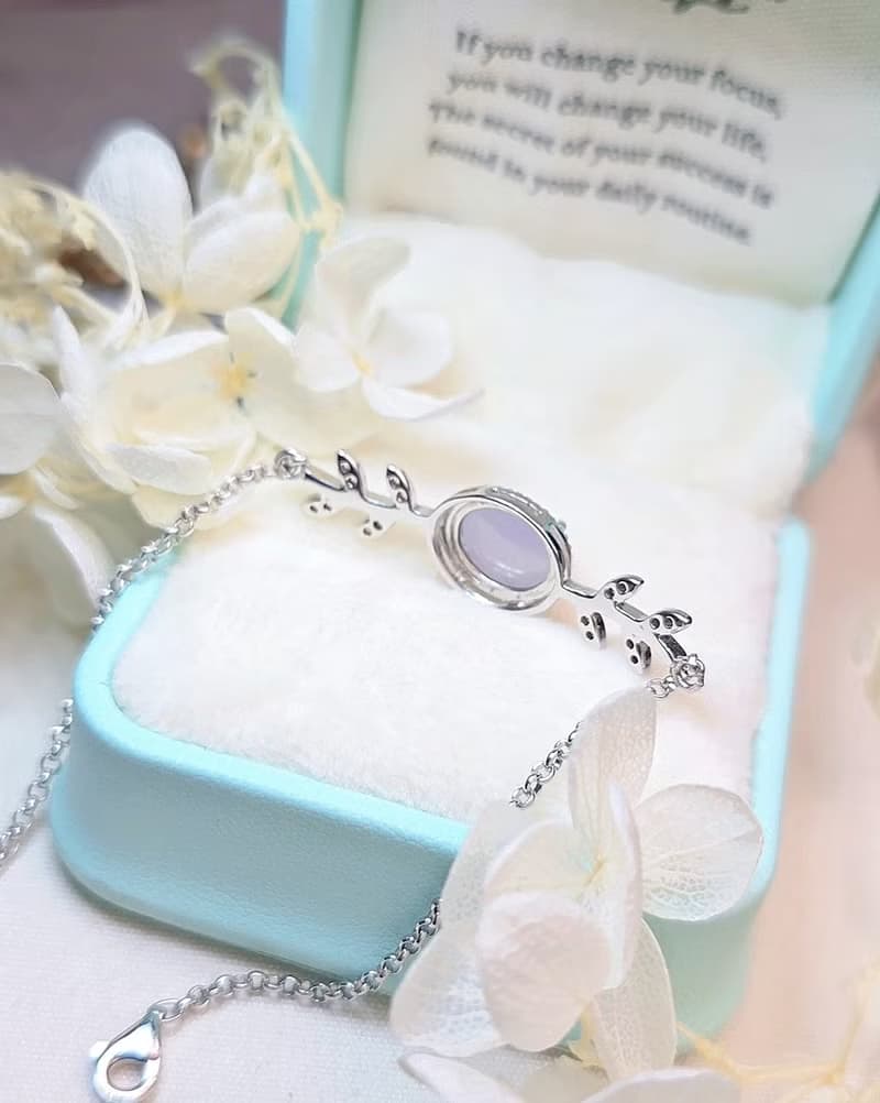 貴人運•桃花開|冰膠淡紫|緬甸A貨翡翠純銀桂冠葉手鍊