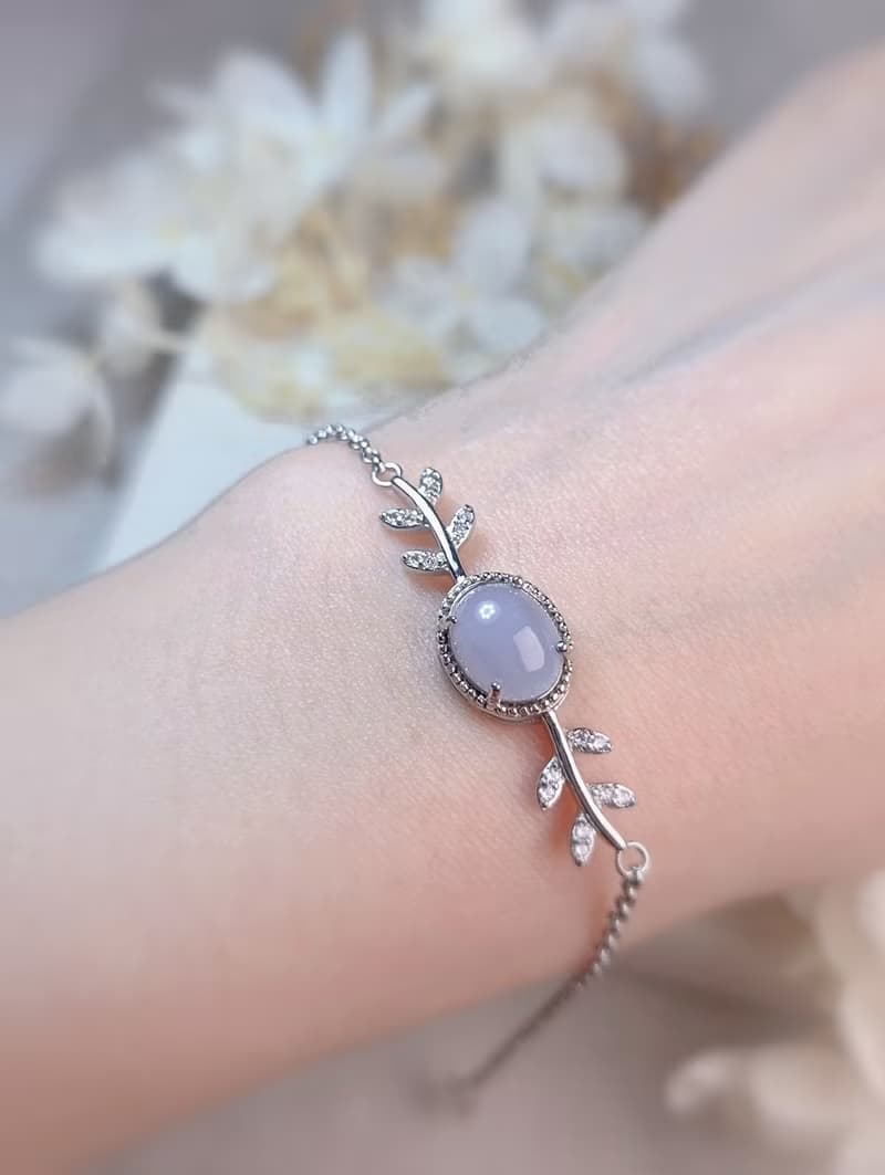 貴人運•桃花開|冰膠淡紫|緬甸A貨翡翠純銀桂冠葉手鍊