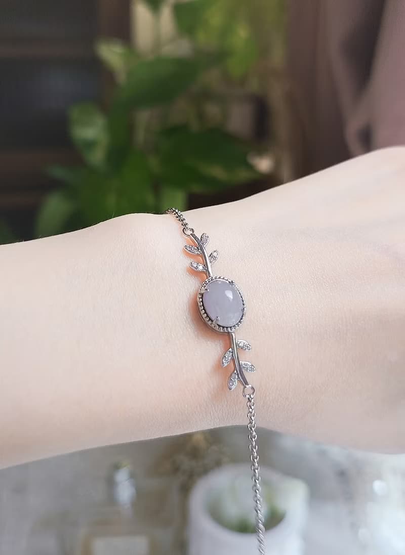 貴人運•桃花開|冰膠淡紫|緬甸A貨翡翠純銀桂冠葉手鍊