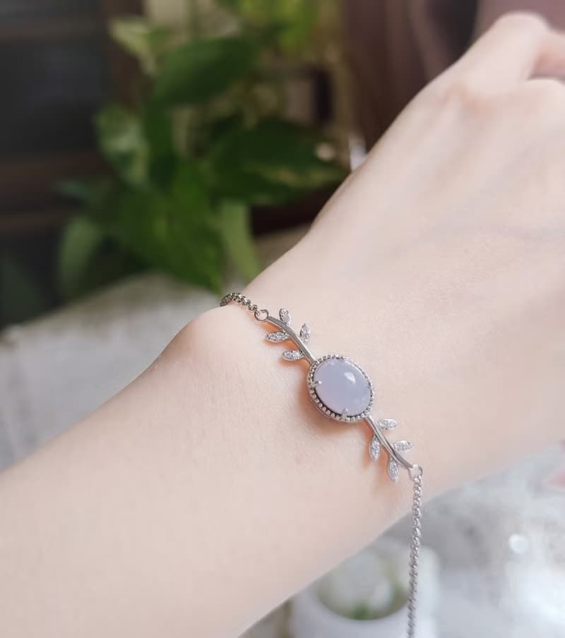 貴人運•桃花開|冰膠淡紫|緬甸A貨翡翠純銀桂冠葉手鍊