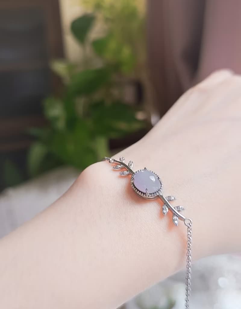 貴人運•桃花開|冰膠淡紫|緬甸A貨翡翠純銀桂冠葉手鍊