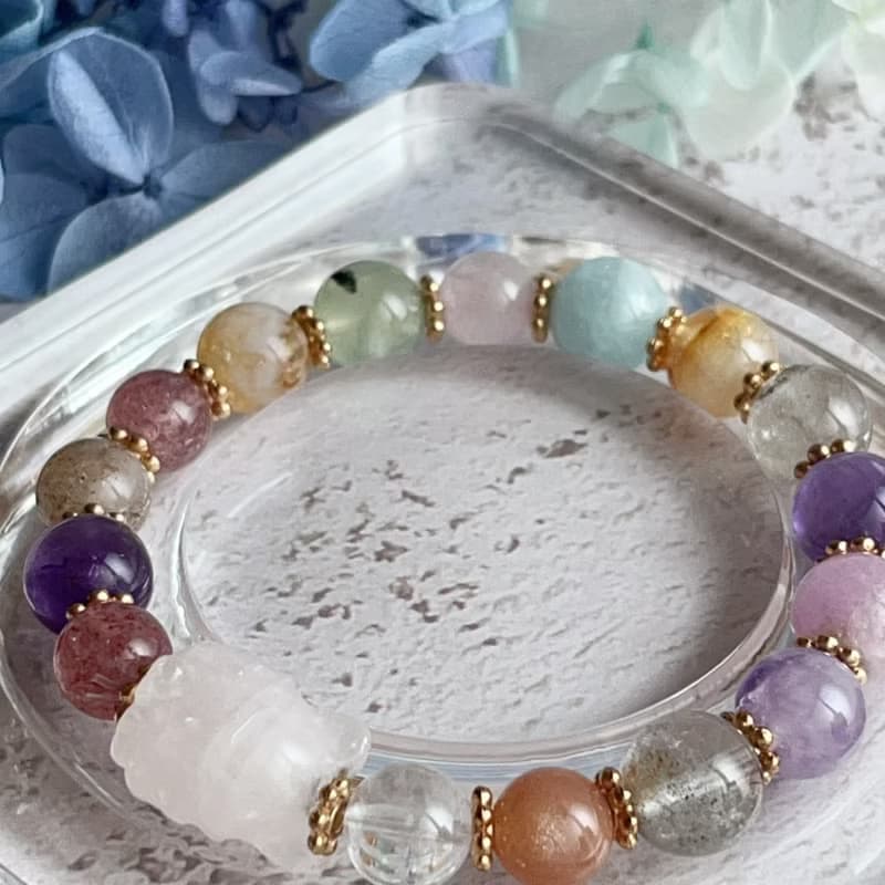 靈狐繽彩・守護開運水晶手鍊 白水晶狐狸 紫水晶 草莓晶 海藍寶
