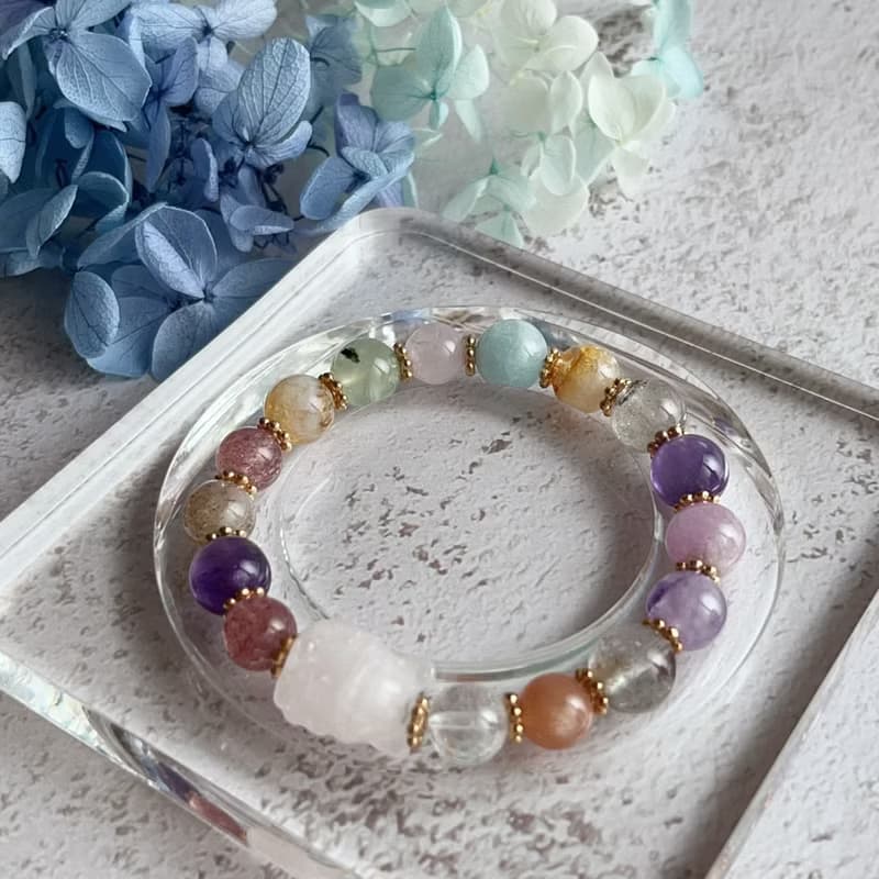 靈狐繽彩・守護開運水晶手鍊 白水晶狐狸 紫水晶 草莓晶 海藍寶