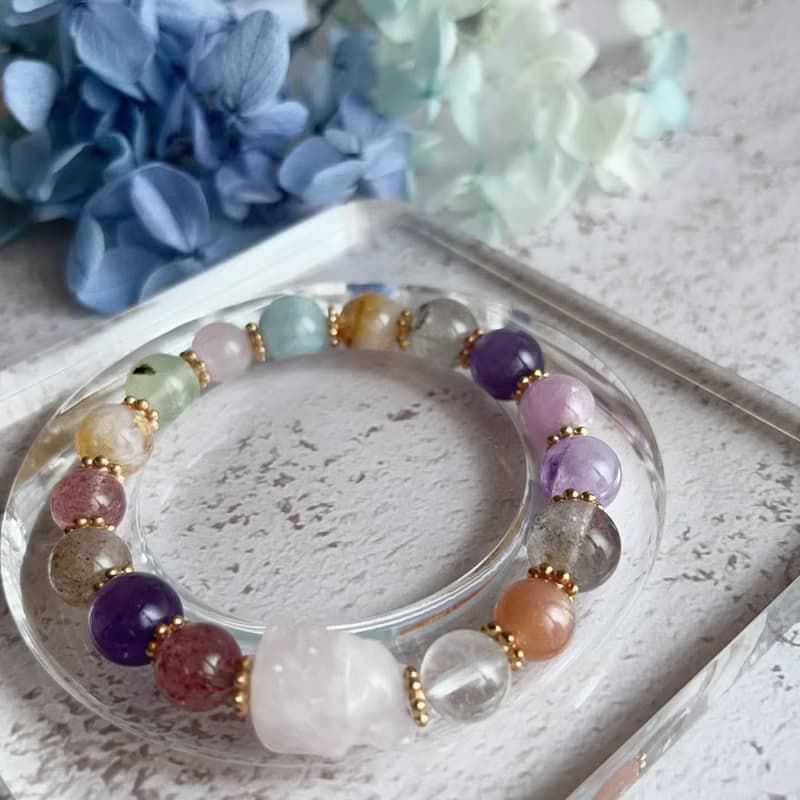 靈狐繽彩・守護開運水晶手鍊 白水晶狐狸 紫水晶 草莓晶 海藍寶