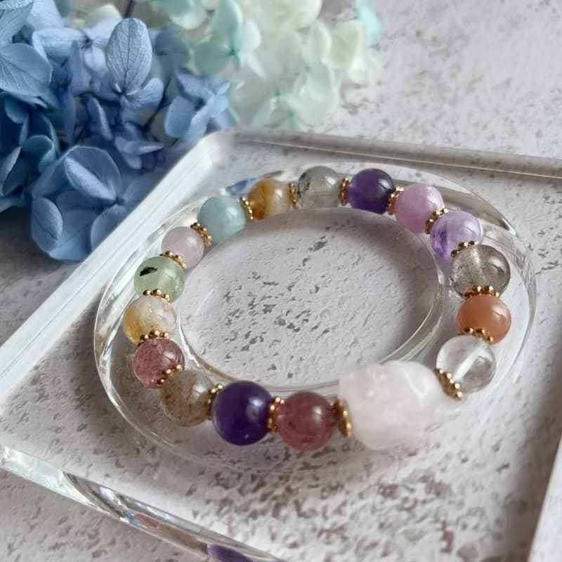 靈狐繽彩・守護開運水晶手鍊 白水晶狐狸 紫水晶 草莓晶 海藍寶