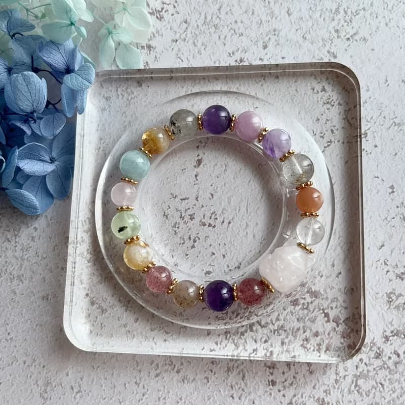 靈狐繽彩・守護開運水晶手鍊 白水晶狐狸 紫水晶 草莓晶 海藍寶