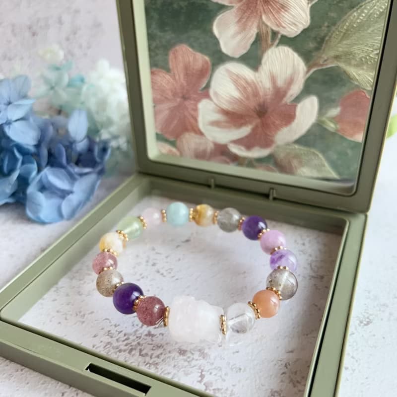 靈狐繽彩・守護開運水晶手鍊 白水晶狐狸 紫水晶 草莓晶 海藍寶